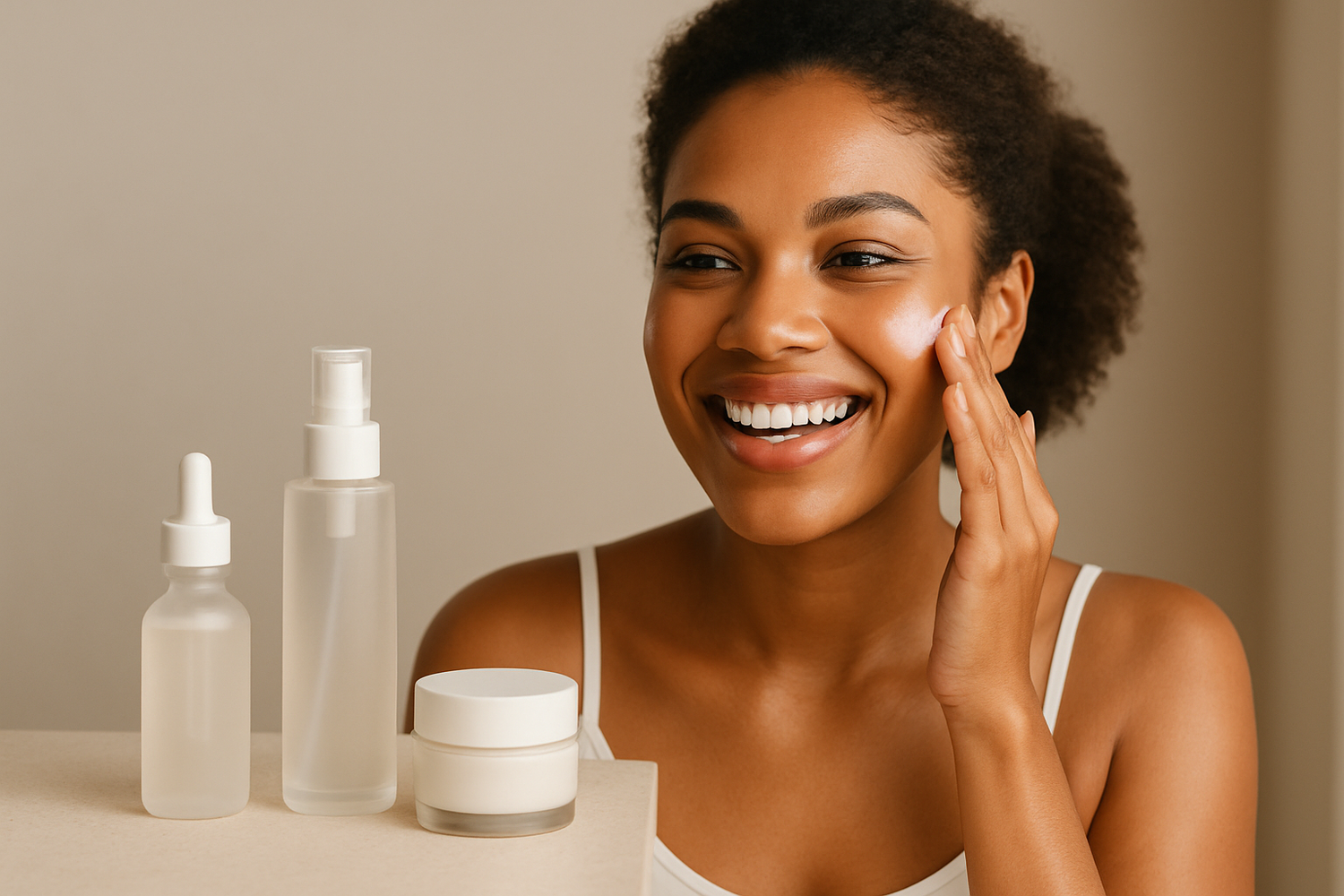 Image for a skin care product page with a happy brown skin lady